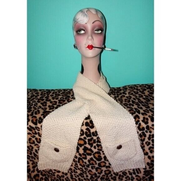 Vintage Ivory Hand Crocheted Scarf w/ Pockets pinup retro rockabilly winter knit - Picture 3 of 8